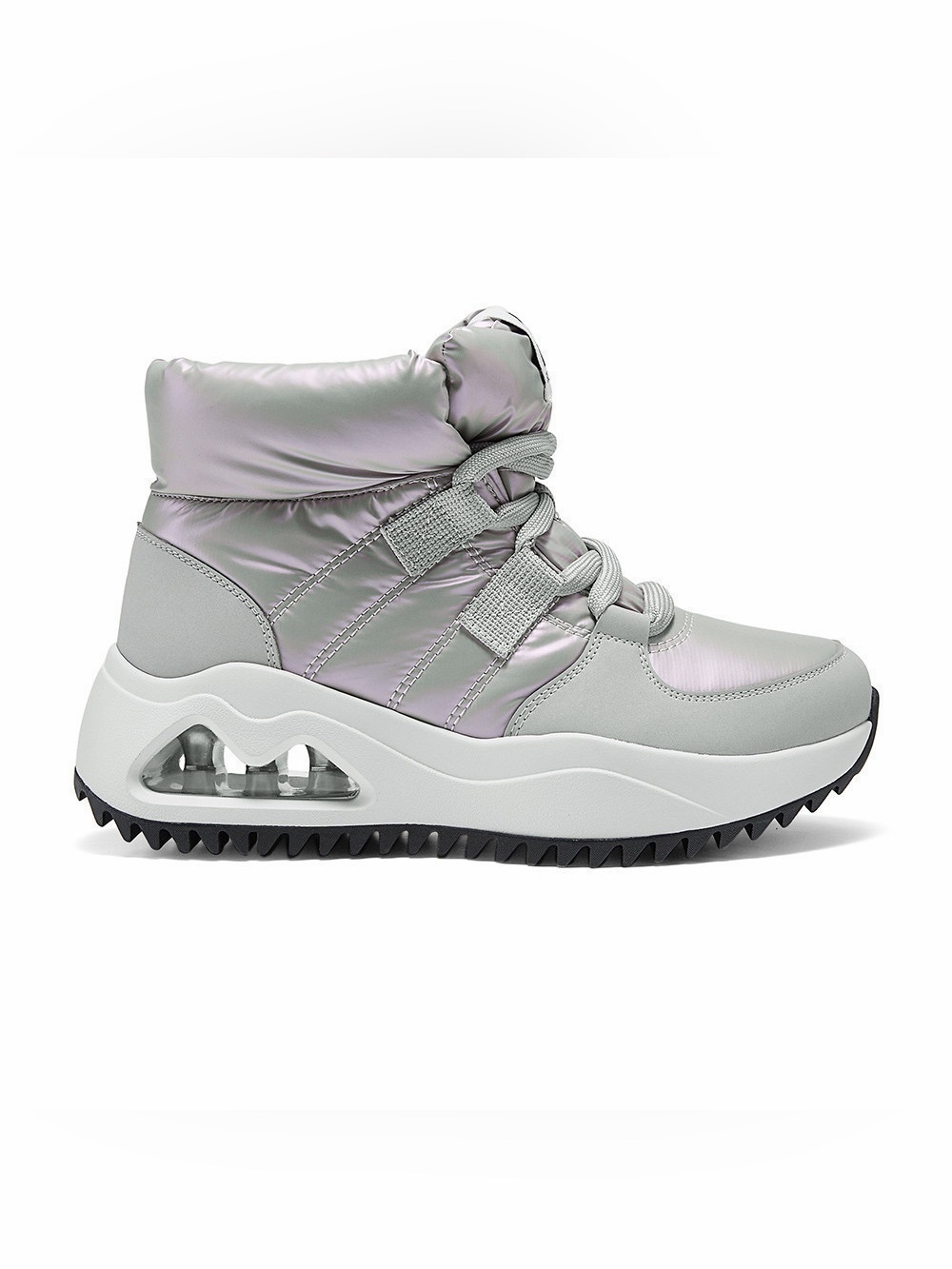Skechers Metallic Silver Puffer Sneaker Boots Platform Sawtooth NWOT [size 7]